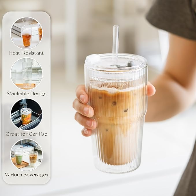 KEMORELA 16oz Ribbed Double Wall Glass Cups