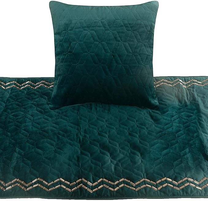 The HomeCentric King Queen Twin Teal Blue Handmade King 90"x18" Bed Runner with 2 Pillow Cover, Quilted & Crystals Bed Scarf on Velvet Fabric - Teal Diamond Symphony