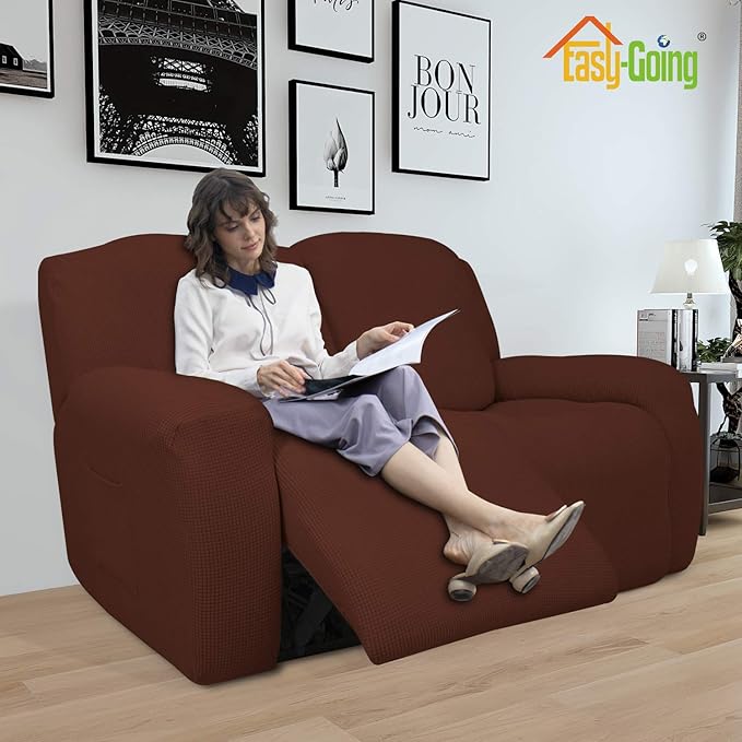 Easy-Going 6 Pieces Recliner Loveseat Stretch Sofa Slipcover Sofa Cover Furniture Protector Couch Soft with Elastic Bottom Kids, Spandex Jacquard Fabric Small Checks Coffee