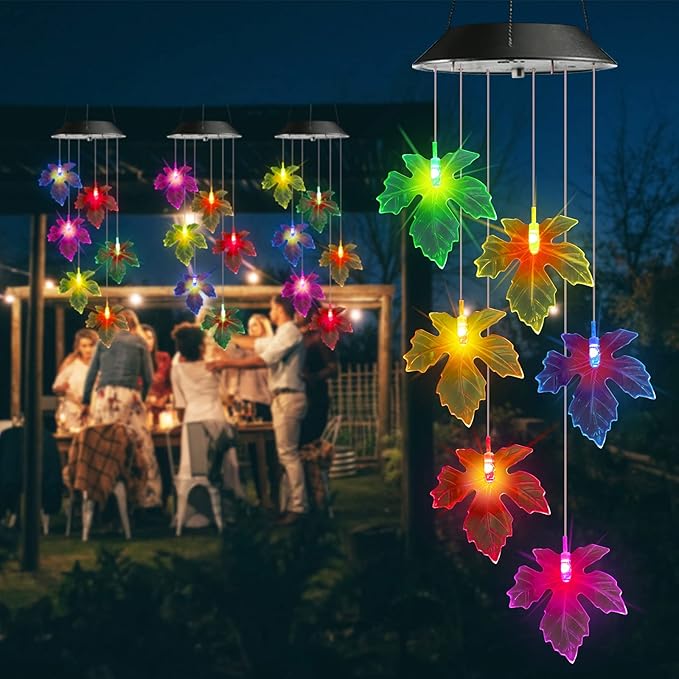 Toodour Solar Wind Chimes, Color Changing Maple Leaf Wind Chime, LED Mobile