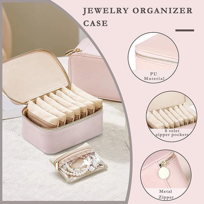 Jewelry Box Organizer for Women,Small Travel Jewelry Case,Mini Travel Jewelry Organizer with 8 Velvet Jewelry Zipper Pouches, Jewelry Box Organizer for Christmas Birthday(Pink)