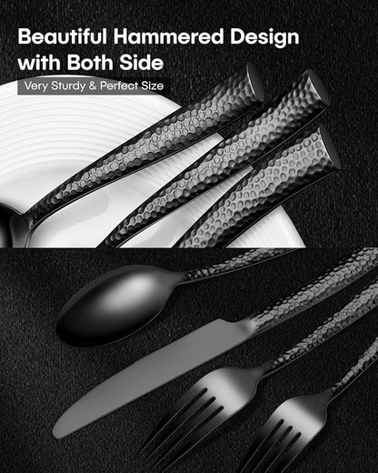 EUIRIO 40-Piece Black Hammered Silverware Set, Stainless Steel Black Flatware