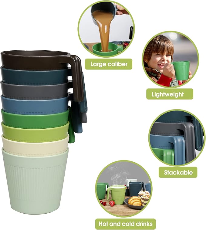 Greentainer Ribbed Drinking Glasses Coffee Mugs Set of 8, Plastic Coffee Cups