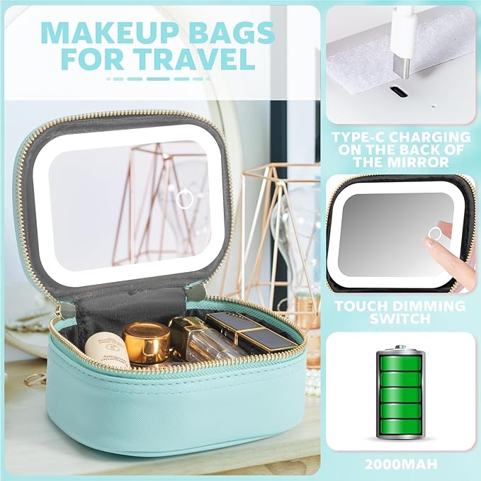 Small Makeup Bag Travel Train Case with Mirror and Light Mini Travel Make up for Women Train Case Cosmetic Organizer 3 Adjustable Brightness Toiletry Bag Portable Artist Storage