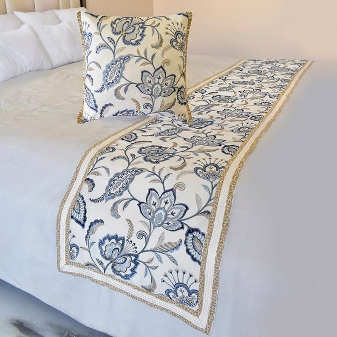 The HomeCentric King/Queen/Twin Blue Designer King 90"x18" Bed Runner with 2 Pillow Cover, Floral, Embroidered, Jute Lace & Lace Bed Scarf on Cotton Fabric - Morning Glories