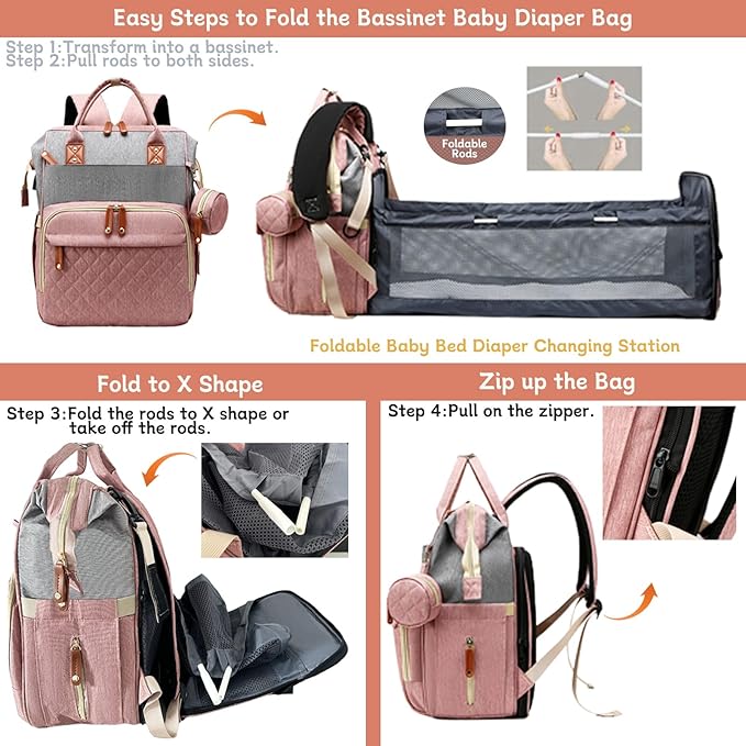 Diaper Bag with Changing Station, Waterproof 3 in 1 Baby Diaper Backpack with Foldable Changing Pad, Pink-Grey