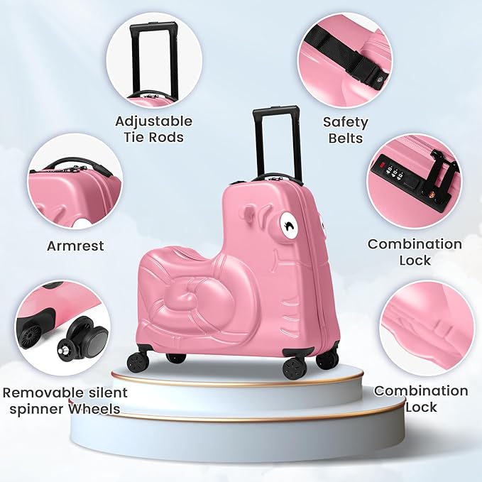 Kids Luggage, Kids Ride-on Luggage with Spinner Wheels Suitcase, Kid's Ride-On Suitcase Help Your Child Relax, Carry On Trolley with Password Lock (Pink, 20 inches)