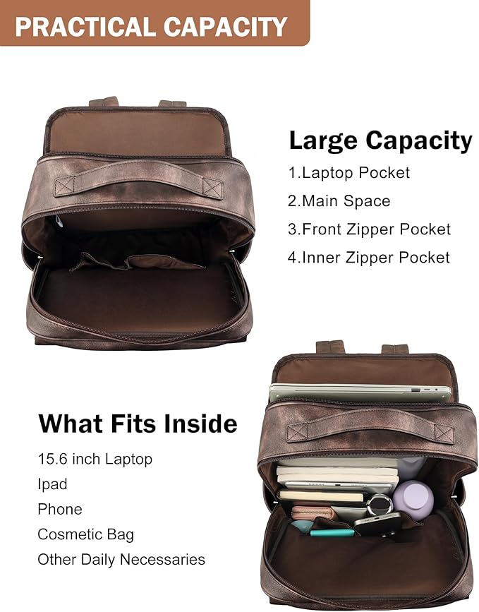 MASINTOR 15.6 inch PU Leather Laptop Backpack Purse for Women, Large College Casual Backpack Travel Bag Retro Coffee