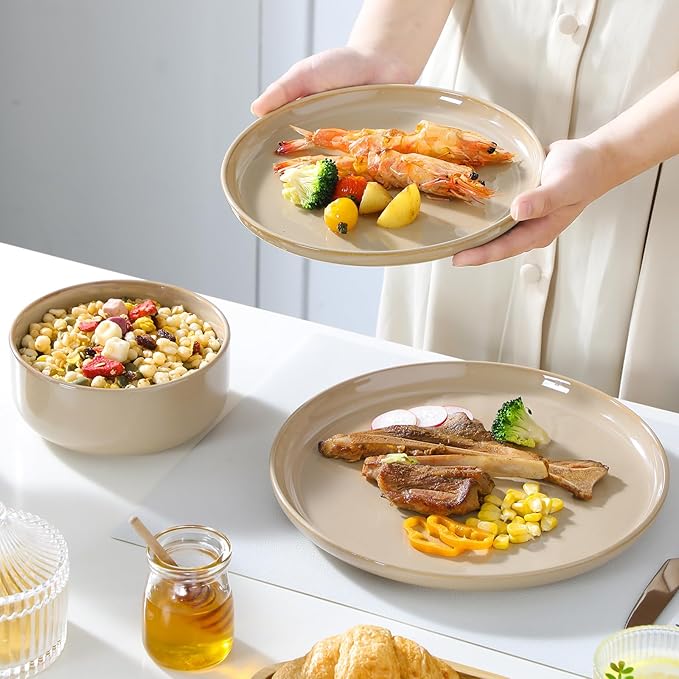 vancasso PLAYA Ceramic Plates and Bowls Sets, 24 Pieces Brown Dinnerware Sets for Kitchen, Reactive Glaze Dishes Set for 8, Dishwasher and Microwave Safe