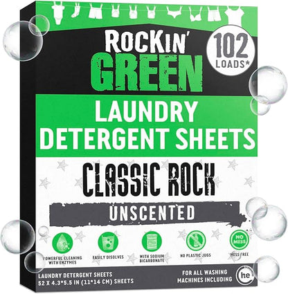 Rockin' Green Travel Laundry Detergent Sheets Unscented - Mess-Free Laundry Sheets Detergent Powerful Cleaning with Sodium Bicarbonate - Easily Dissolvable Laundry Soap Sheet (102 Loads, Unscented)