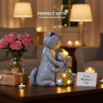 Solar Garden Statues Loving Cat Figurine Lights