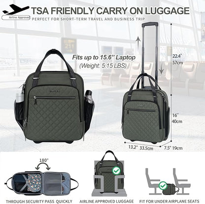 EMPSIGN Underseat Carry On Wheeled - 16" Carry on Bag with Wheels Multi-functional Lightweight Rolling Bag Overnight Weekender Small Suitcase for Women Men Travel Business, Army Green