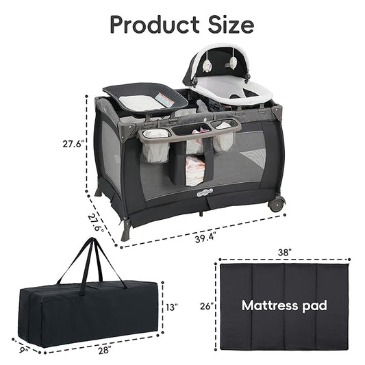 Pamo Babe Playard Portable Playard Foldable Playpen for Baby and Toddler Portable Crib Mattress Diaper Changer for Newborn (Grey)