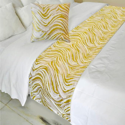 The HomeCentric King/Queen/Twin Yellow & Grey Decorative Bed Runner Queen 74"x18" Bed Runner with Two Pillow Cover, Abstract Wave Pattern Bed Scarf on Jacquard Fabric - Yellow Whirls