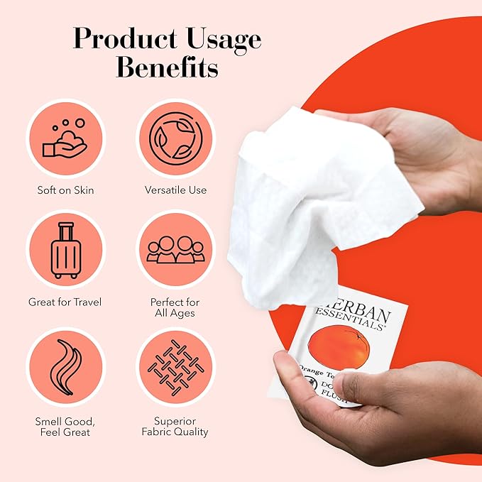 Herban Essentials - Orange Wipes & Towelettes - Essential Oil Wipes for Make Up, Hands, Face & Body - Travel Size Essentials & Toiletries - Natural, Individually Wrapped, Disposable & Moist (7 count)