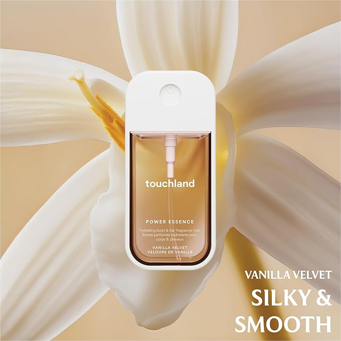 Touchland VANILLA INDULGENCE Body and Hand Mist Essentials (Vanilla Velvet Body & Hair Fragrance Mist, 2 FL. OZ. + Vanilla Blossom Hydrating Hand Sanitizer Spray 1FL.OZ.), Travel Size Set