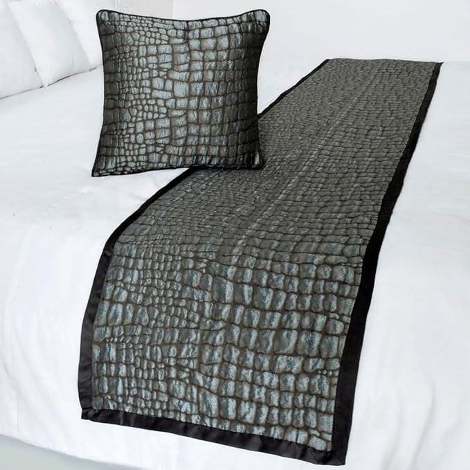 The HomeCentric King/Queen/Twin Blue & Grey Designer Queen 74"x18" Bed Runner with 2 Pillow Cover, Animal Mystery Bed Scarf on Silk Fabric - Animal Mystery