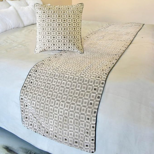 The HomeCentric King/Queen/Twin Grey Decorative Queen 74"x18" Bed Runner with 2 Pillow Cover, Checkered, Beaded, Hand Embroidery Bed Scarf on Velvet Fabric - The Brick Effect