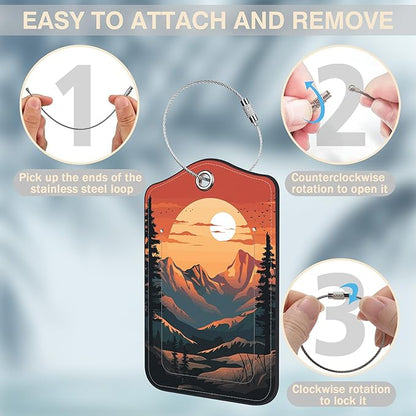 2 Pack Luggage Tags for Suitcases Sunset in The Mountains Leather Luggage Tags Privacy Cover ID Label with Stainless Steel Loop and Address Card for Women Men Travel Bag Backpack