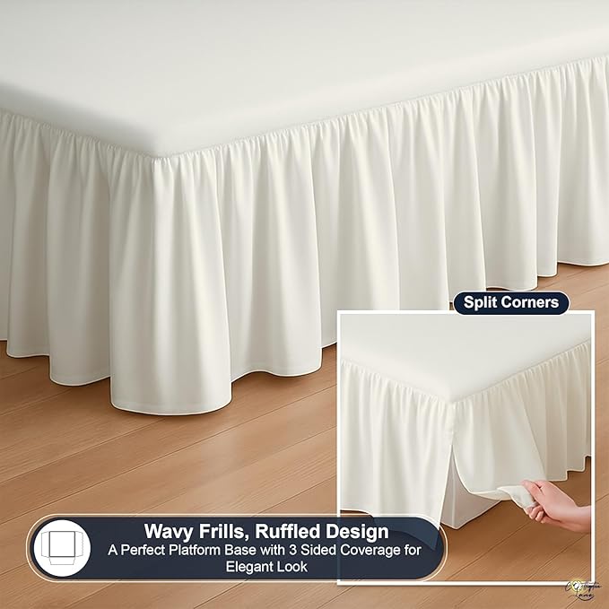 Cottington Lane Ruffled Bed Skirt Queen Size with Split Corner, Brushed Microfiber Hotel Quality Ivory Dust Ruffle, 12 Inch Drop Gathered Bedskirt, Soft and Stylish, Shrinkage and Fade Resistant