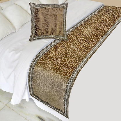 The HomeCentric King/Queen/Twin Brown Decorative Bed Runner Queen 74"x18" Bed Runner with Two Pillow Cover, Border, Crystal, Cut Velvet, Mosiac Pattern Bed Scarf on Velvet Fabric - Velvet Fusion
