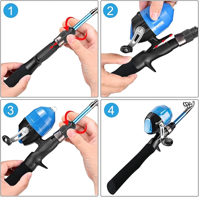 PLUSINNO Kids Fishing Pole with Spincast Reel Telescopic Fishing Rod Combo Full Kits for Boys, Girls, and Adults