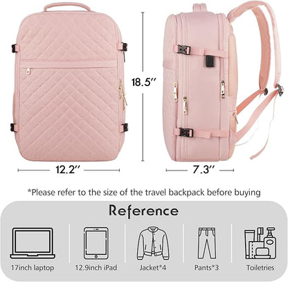 MOMUVO Large Travel Backpack Women, Flight Approved Carry On Backpack, Water Resistant Anti-Theft Large Casual Daypack Fit 17 Inch Laptop with USB Charging Port, Pink
