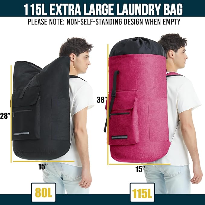 Laundry Bag Extra Large 115L，Laundry Backpack with Shoulder Straps，Sturdy Travel Laundry Bags with 4 Pockets，Laundry Backpack Heavy Duty，Clothes Hamper Bag XXL，College Dorm Essentials