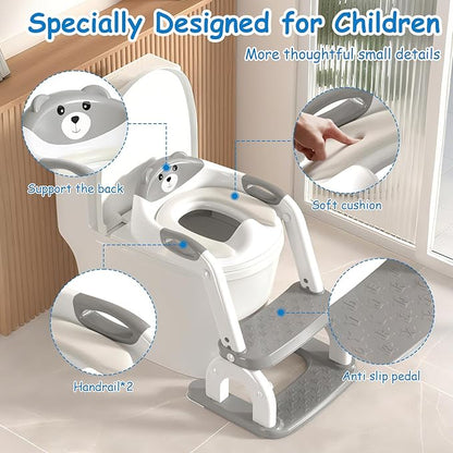 Potty Training Seat for Toddlers - Upgrade 2-in-1 Toilet Seat Toilet Ladder for Kids Children Boys Girls, Anti-Slip Pad & Adjustable Height with Waterproof PVC Cushion - Grey