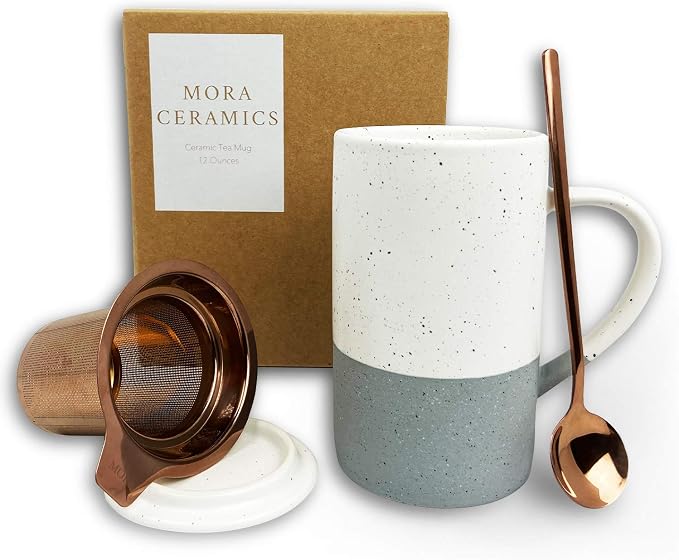 Mora Ceramics Tea Cup with Loose Leaf Infuser, Spoon and Lid, 12 oz, Microwave