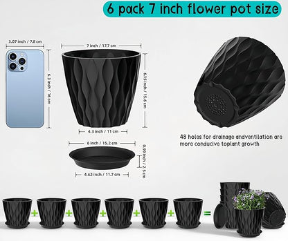 6 Pack 7 Inch Plant Pots with Drainage and Saucers, Stackable Nursery Planters