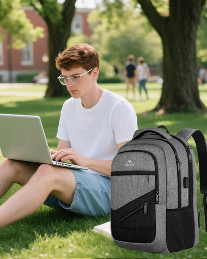 MATEIN 17 Inch Work Backpack for Men Women, Water Resistant Practical Travel Laptop Backpack with Trolley Sleeve, Casual College Daypack Laptop Compartment TSA Friendly, Grey Black