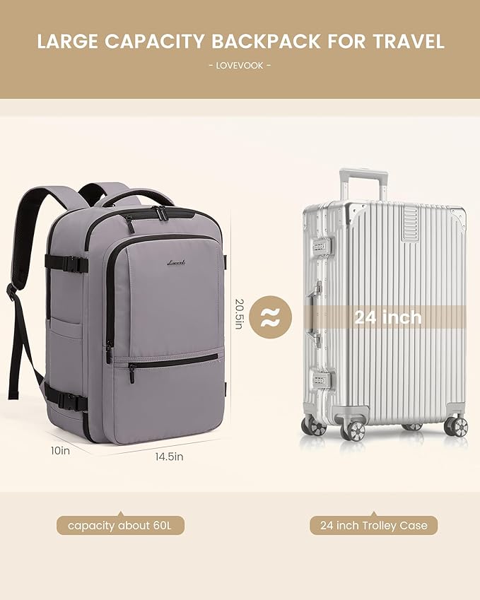 LOVEVOOK Travel Backpack for Women & Men, 60L Large Carry On Backpack Airline Approved, TSA Personal Item Weekender Bag, Water Resistant Laptop Backpacks with 3 Packing Cubes for Travel Essentials