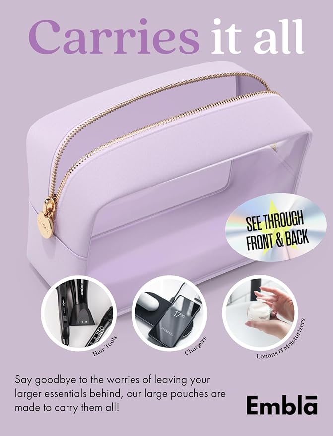 Clear Makeup Bag Zipper Pouch, Transparent Cosmetic Case Organizer, TSA Approved Travel Toiletry Case, Travel Accessories Essentials Makeup Tote for Women, Large Cute Make up Bag for Purse - Lilac