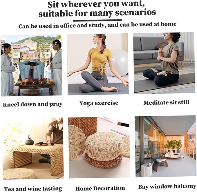 Tatami Floor Cushion, 15x2.4 Round Floor Seating, Japanese Chair, Natural Woven Boho Cushions for Meditation, Zen, Yoga Practice or Buddha| Picnic Pillows