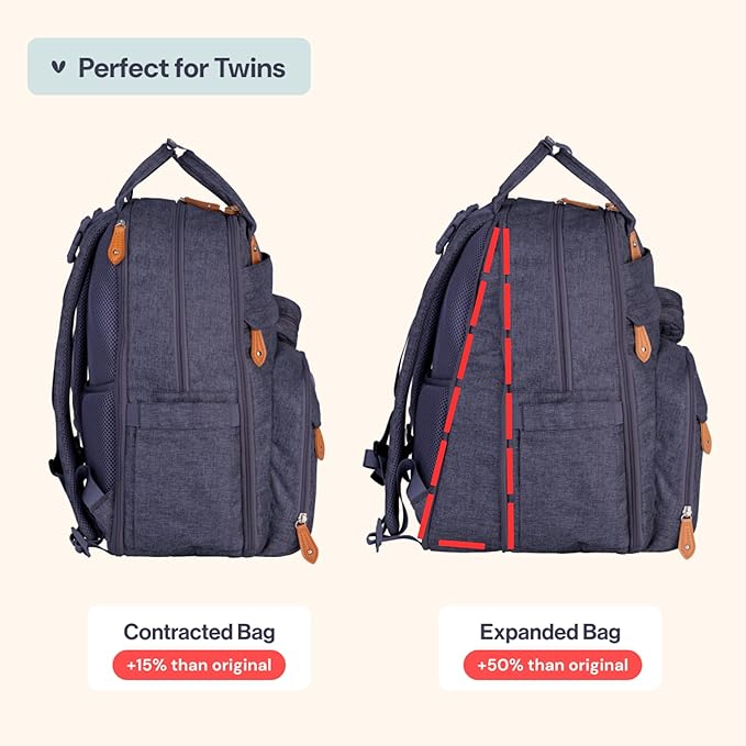 BabbleRoo Extra Large Diaper Bag Backpack, Expandable Baby Bag with Up to 50% More Capacity - Travel Essentials Baby Bag Tote with Changing Pad, Stroller Straps & Pacifier Case - Unisex, Denim Blue