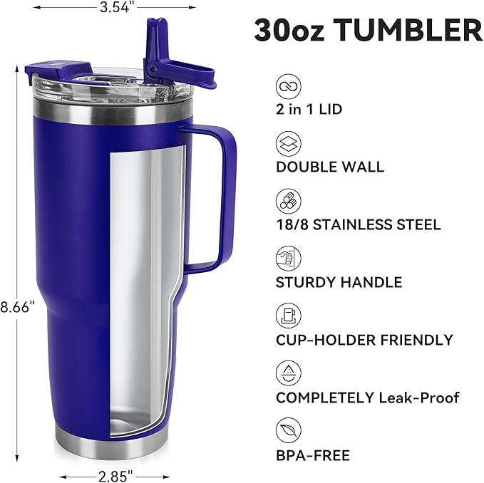 30oz Tumbler with Handle, Insulated Leak Proof Coffee Travel Mug with Straw Lid Double Wall Stainless Steel Vacuum Tumblers Metal Cup Keep Hot and Iced Drink for Gym, Office, Camping, Blue 1 Pack