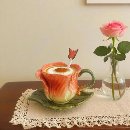 Ceramic Tea Cup and Saucer Set ，6OZ 3D Hand-Painted Flower Coffee Mug，Gift