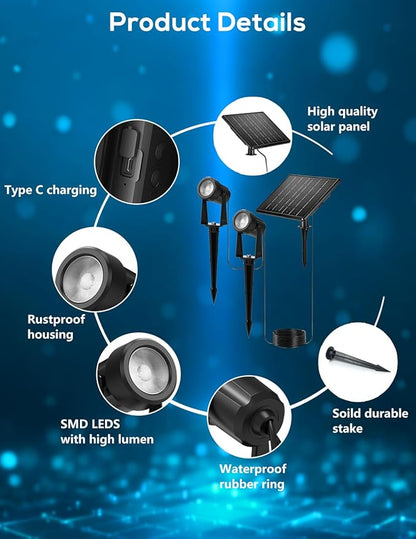 Zyan Solar Landscape Spotlights, Separate Monocrystalline Panels & USB-C