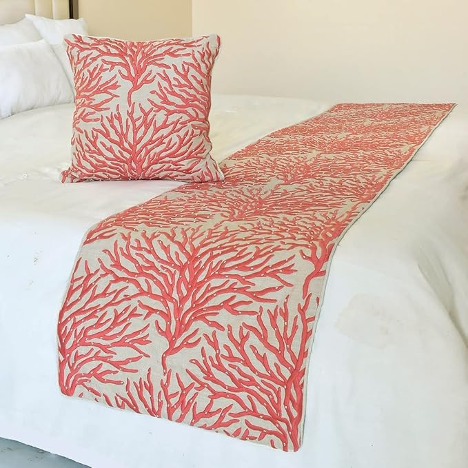The HomeCentric King/Queen/Twin Coral, Peach & Pink Designer King 90"x18" Bed Runner Without Pillow Cover, Coral, Pearl Embroidery, Under The Sea & Beach Theme On Linen Fabric - Coraline Pearls