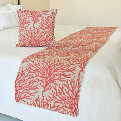The HomeCentric King/Queen/Twin Coral, Peach & Pink Designer King 90"x18" Bed Runner with 2 Pillow Cover, Coral, Pearl Embroidery, Under The Sea & Beach Theme on Linen Fabric - Coraline Pearls