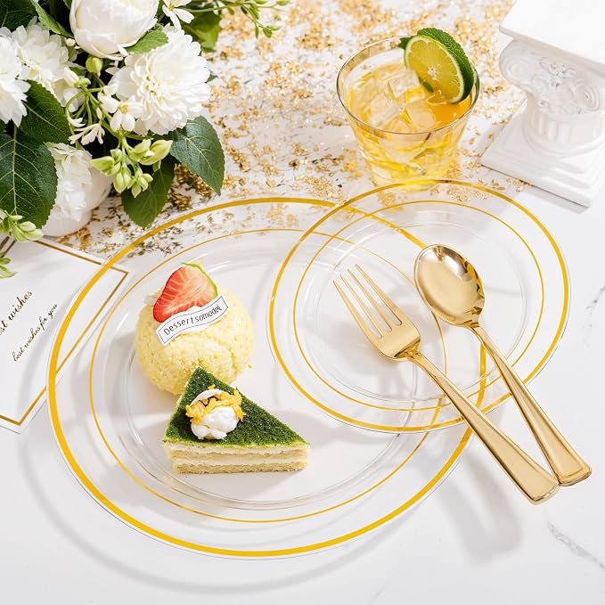 bUCLA 600PCS Clear Plates with Gold Trim