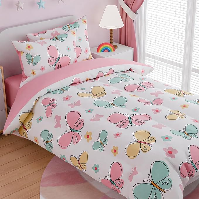 SANDJEST Butterfly Twin Bedding Sets for Girls, Ultra Soft Microfiber Comforter Set with 3-Pieces, Bed Sets for Kid Tween Teen Bedroom Decor