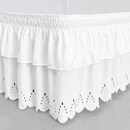 Queen Bed Skirt, Double-Layered Ruffled Eyelet Bed Skirt, Wrap-Around Elastic Dust Ruffle Queen Size with Gathered Styling and Embroidered Details, 14" Drop Length (White)