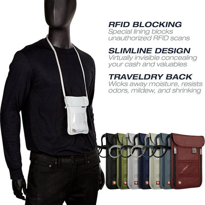 Lewis N. Clark RFID Blocking Stash Neck Wallet, Travel Pouch + Passport Holder for Women & Men, Taupe, One Size