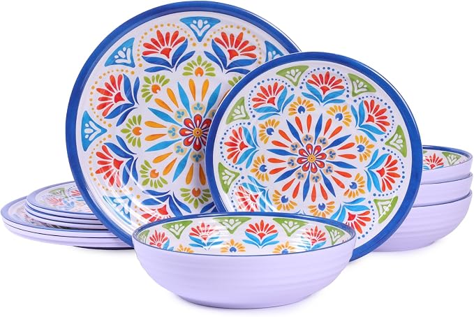 Dinnerware Set 12Pcs Melamine Plates and Bowls | Wedding Gift, Floral Pattern