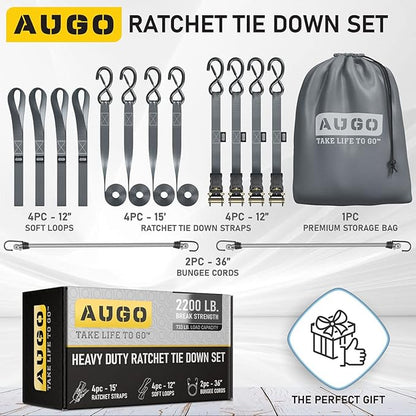 AUGO Ratchet Straps Heavy Duty 4 Pack -15 FT - 2200 LB Break Strength – with Safety Lock S Hooks - Cargo Straps for Moving, Appliances, Motorcycle – Soft Loop Tie Downs
