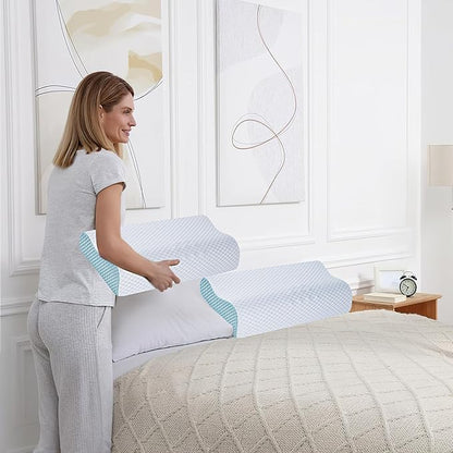 Neck Pillow Memory Bed Foam Pillows - Neck Support Pillow for Pain Relief, Ergonomic Cervical Pillow for Sleeping, Orthopedic Contour Bed Pillow for Side, Back, Stomach Sleepers,Blue