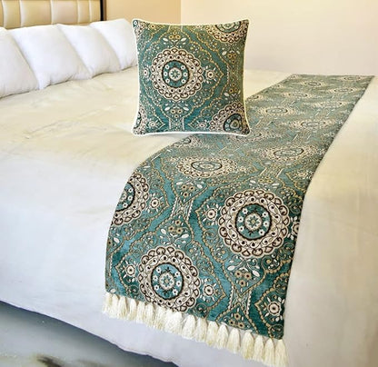 The HomeCentric King/Queen/Twin Teal Decorative Twin 53"x18" Bed Runner with 2 Pillow Cover, Art Deco, Floral, Tassels & Velvet Bed Scarf on Velvet Fabric - Ahmet