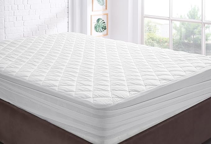YATAS BEDDING Perle Quilted Fitted Mattress Protector, Machine Washable and Easy Care, Superior Protection and Comfort,100% Cotton Breathable top, White (Full) - 55"x75" - 14" Deep Pocket